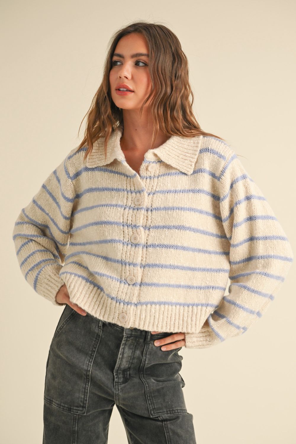 You Smile Button Up Cardigan, Color: Blue, Size: SML