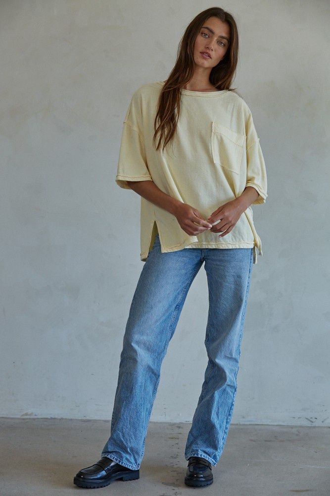 Kayden Short Sleeve Drop Shoulder Pocket Tee, Color: Light Yellow, Size: SML
