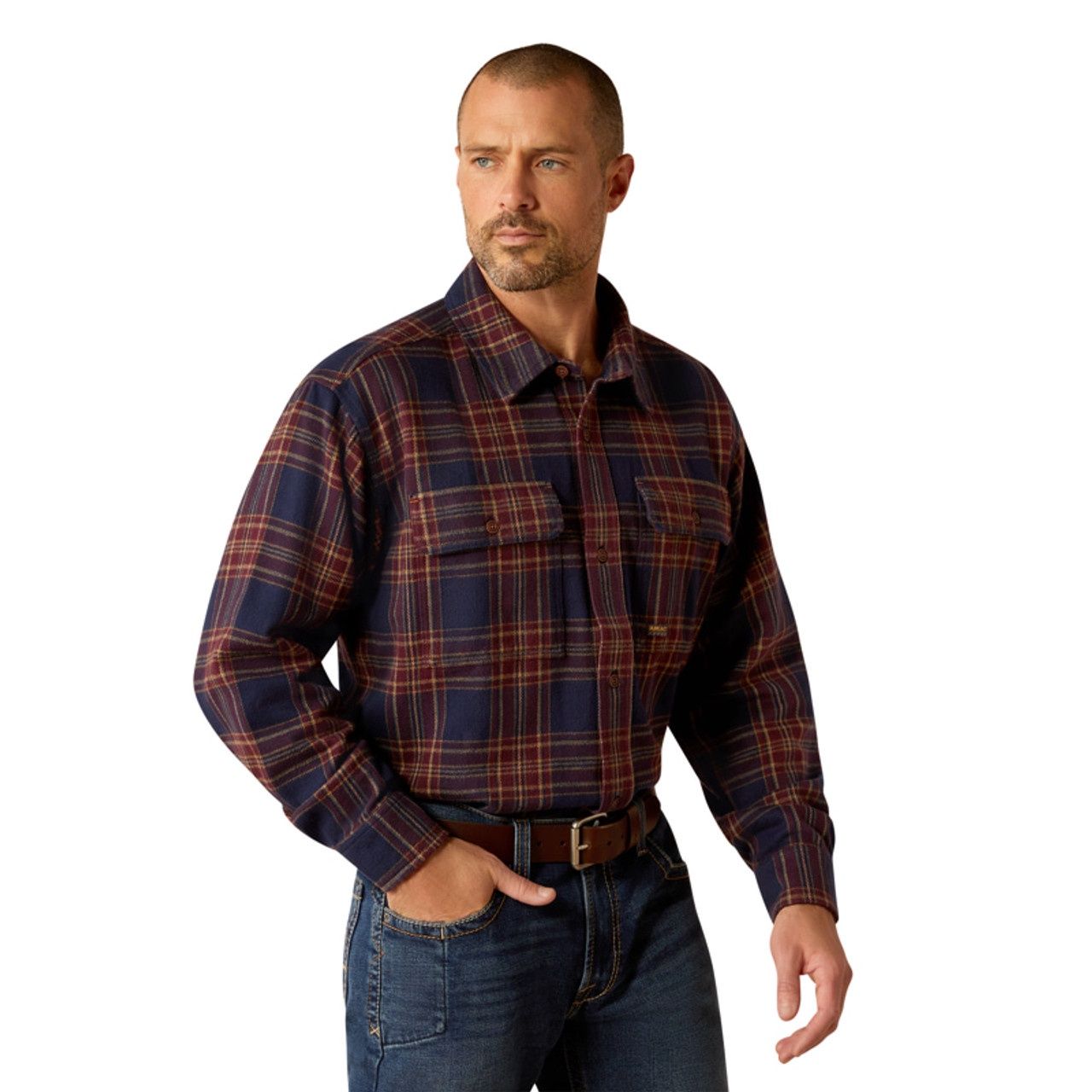 Rebar Heavy Flannel Work Shirt - Navy &amp; Malbec, Color: Navy &amp; Malbec, Size: SML, Length: REG
