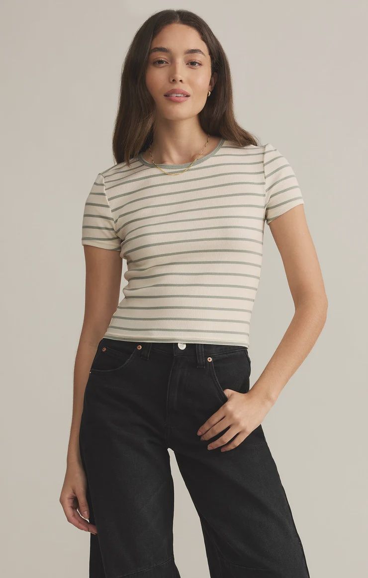 Saxton Striped Baby Tee, Color: Sage Green, Size: XSM