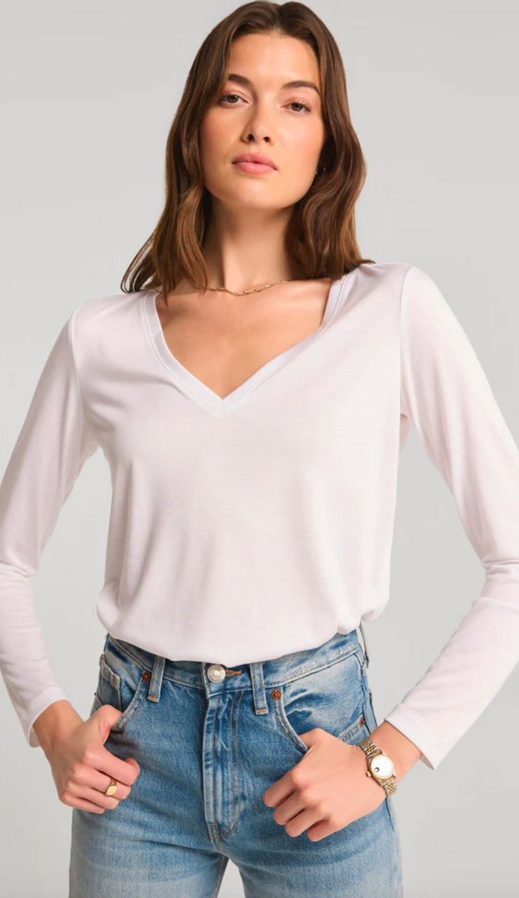 Sammie V-Neck Long Sleeve Top, Color: White, Size: XSM