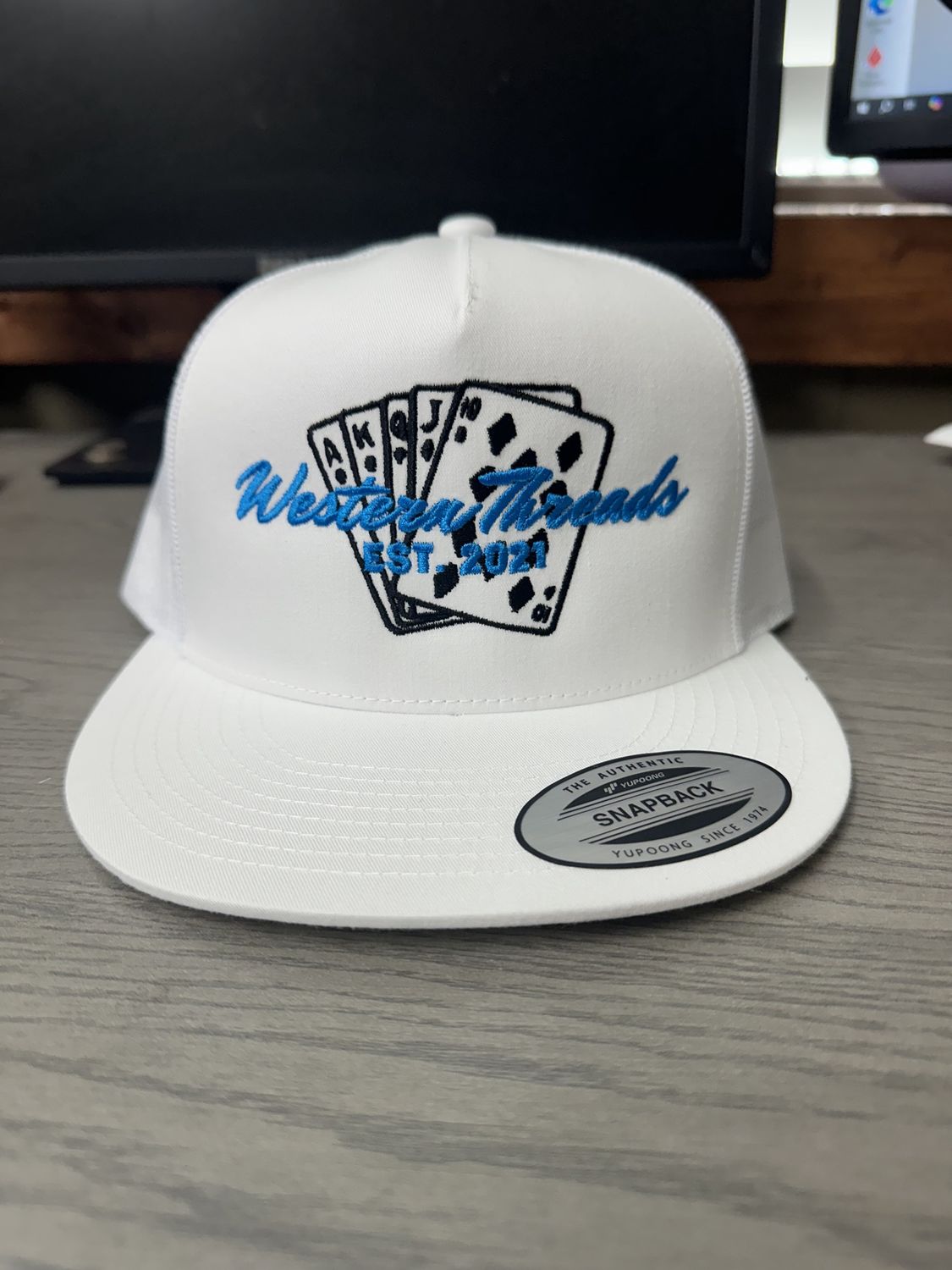 Western Threads Blue Cards Trucker Hat, Color: 6006 White