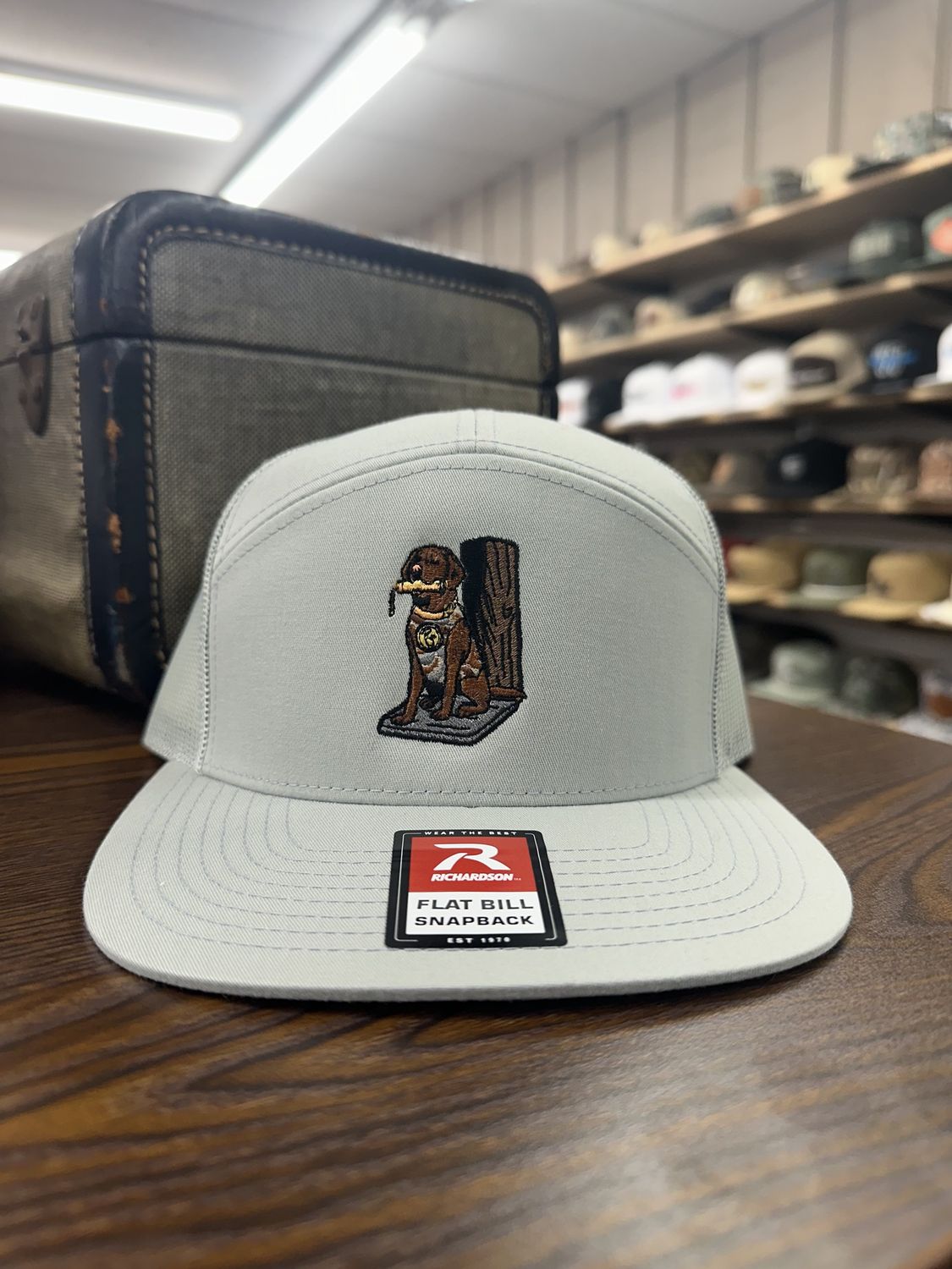 Chocolate Lab &amp; Bumper 7 Panel Hat - Quarry
