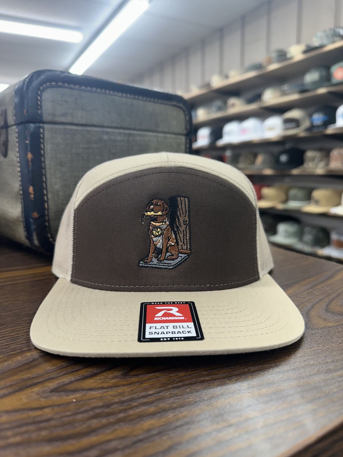 Chocolate Lab &amp; Bumper 7 Panel Hat - Brown/Khaki