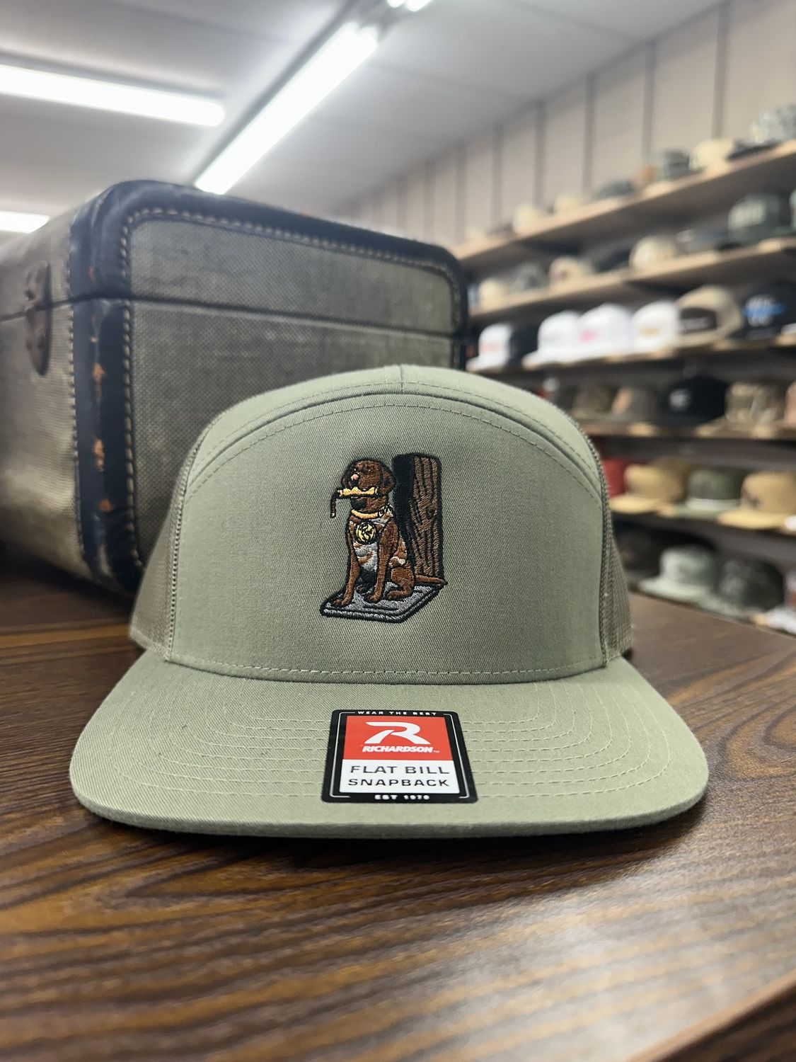 Chocolate Lab &amp; Bumper 7 Panel Hat - Loden