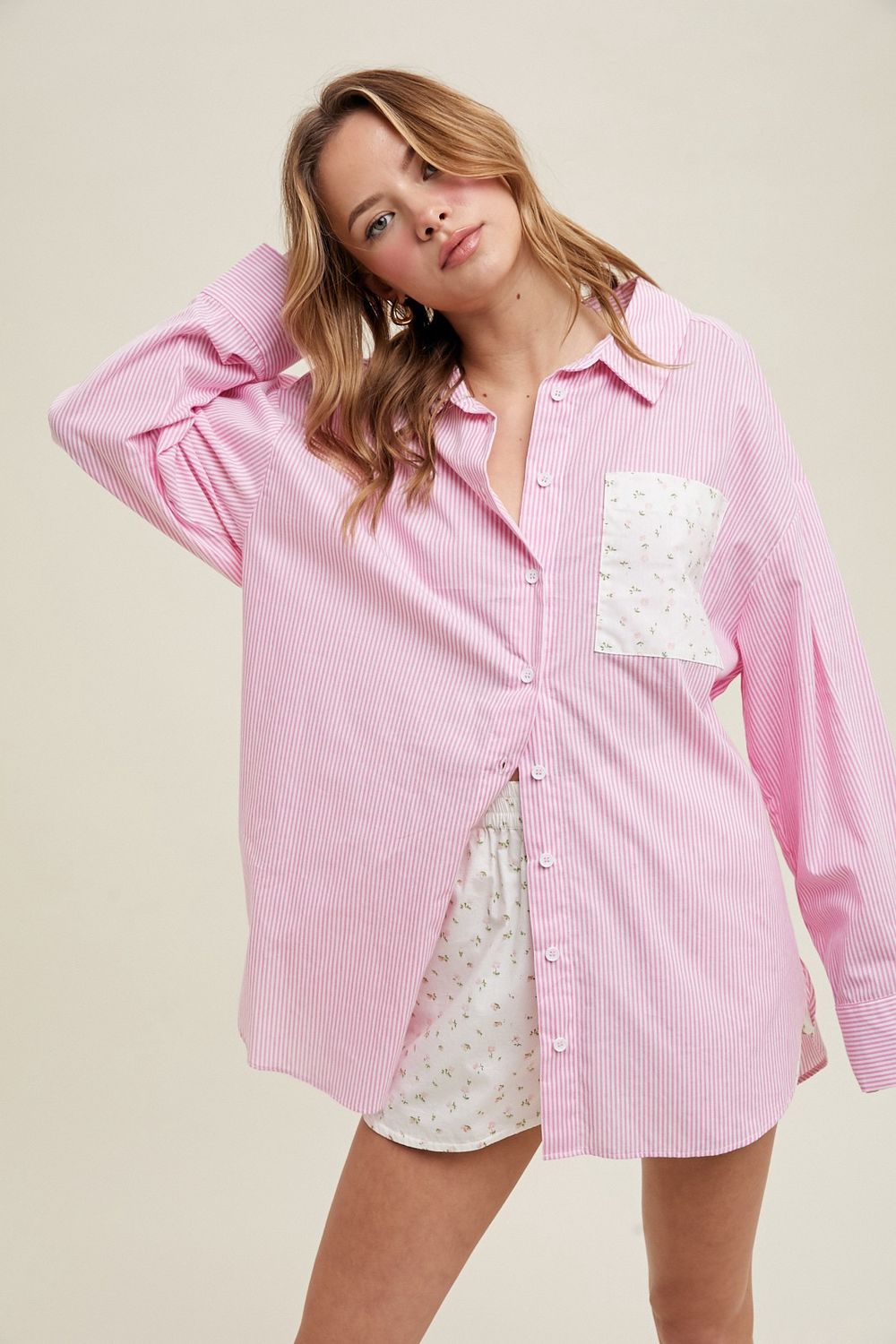 Don't Mind Striped Shirt and Shorts Floral Set, Color: Pink/White, Size: SML