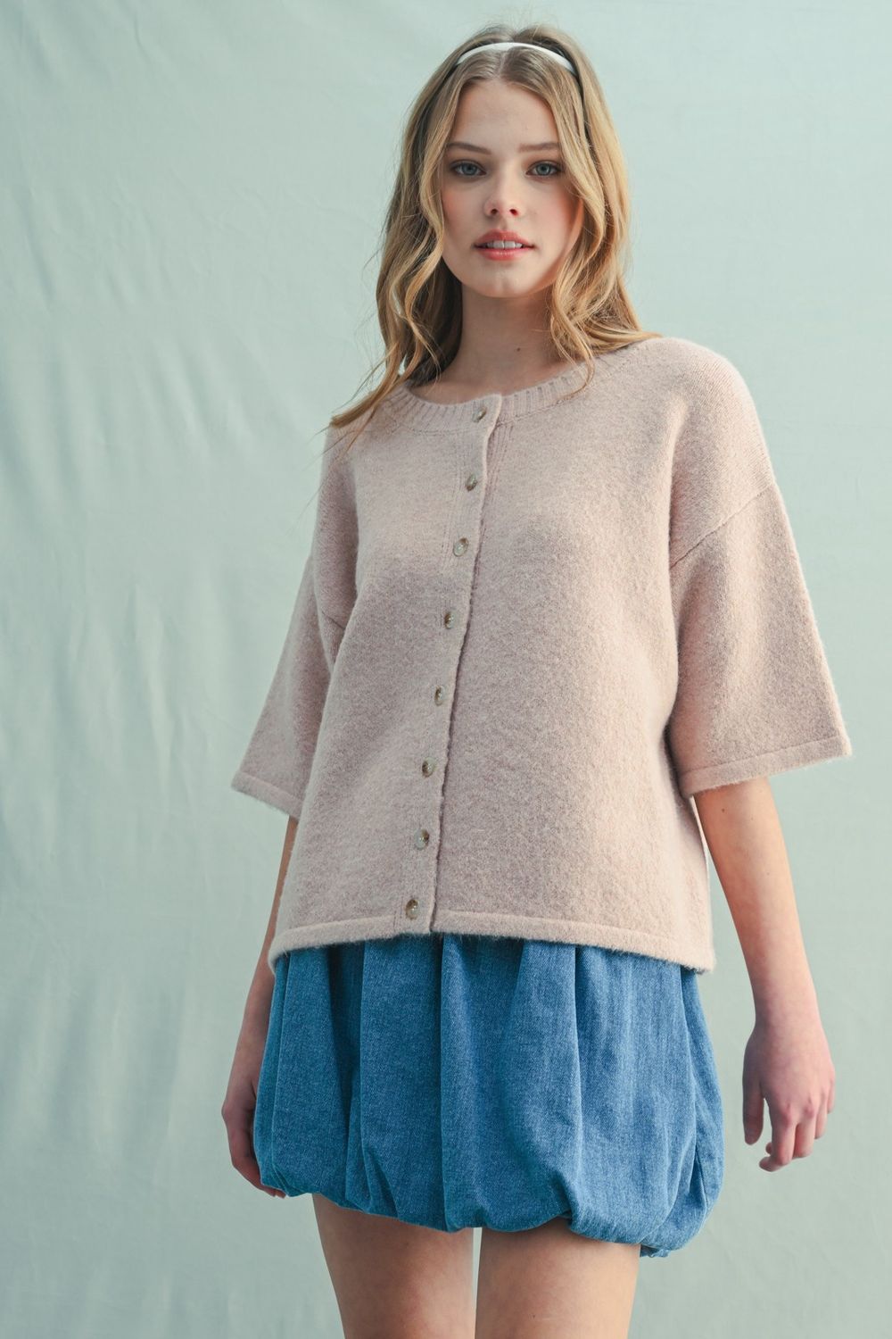 Final Answer Short Sleeve Sweater W/ Buttons, Color: Ballet, Size: SML