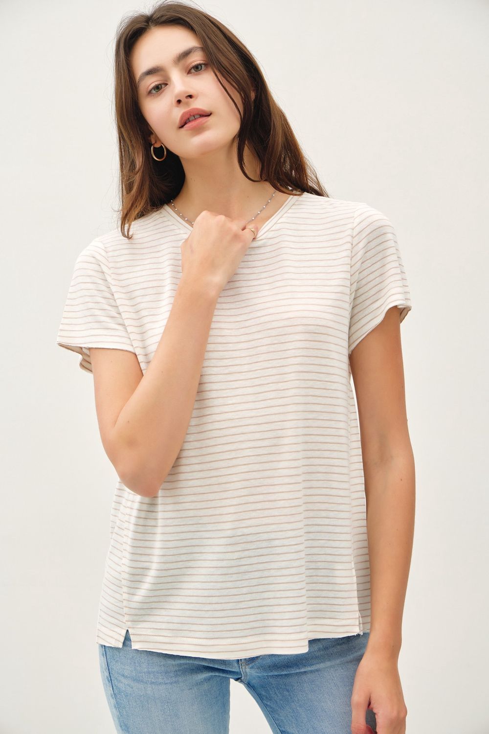Look At You Striped Basic Top, Color: Mocha, Size: SML