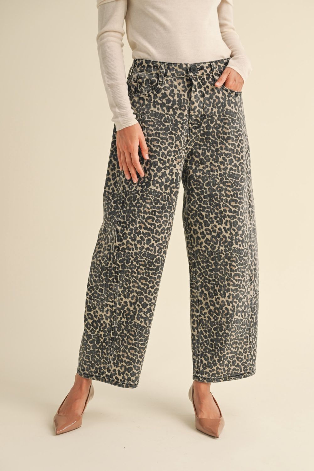Never Easy Leopard Barrel Jean