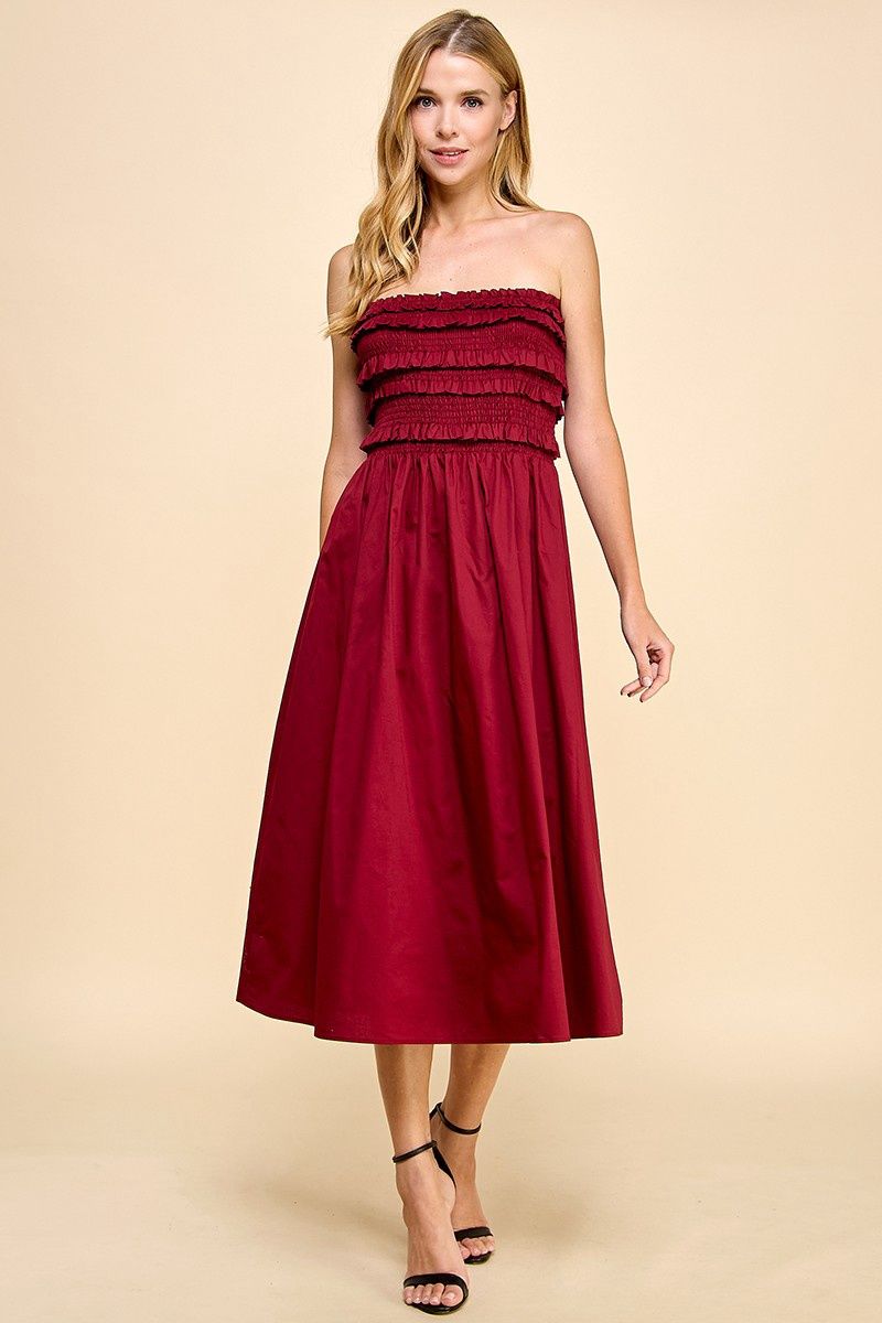 Soho Smocked Strapless Dress, Color: Crimson, Size: SML
