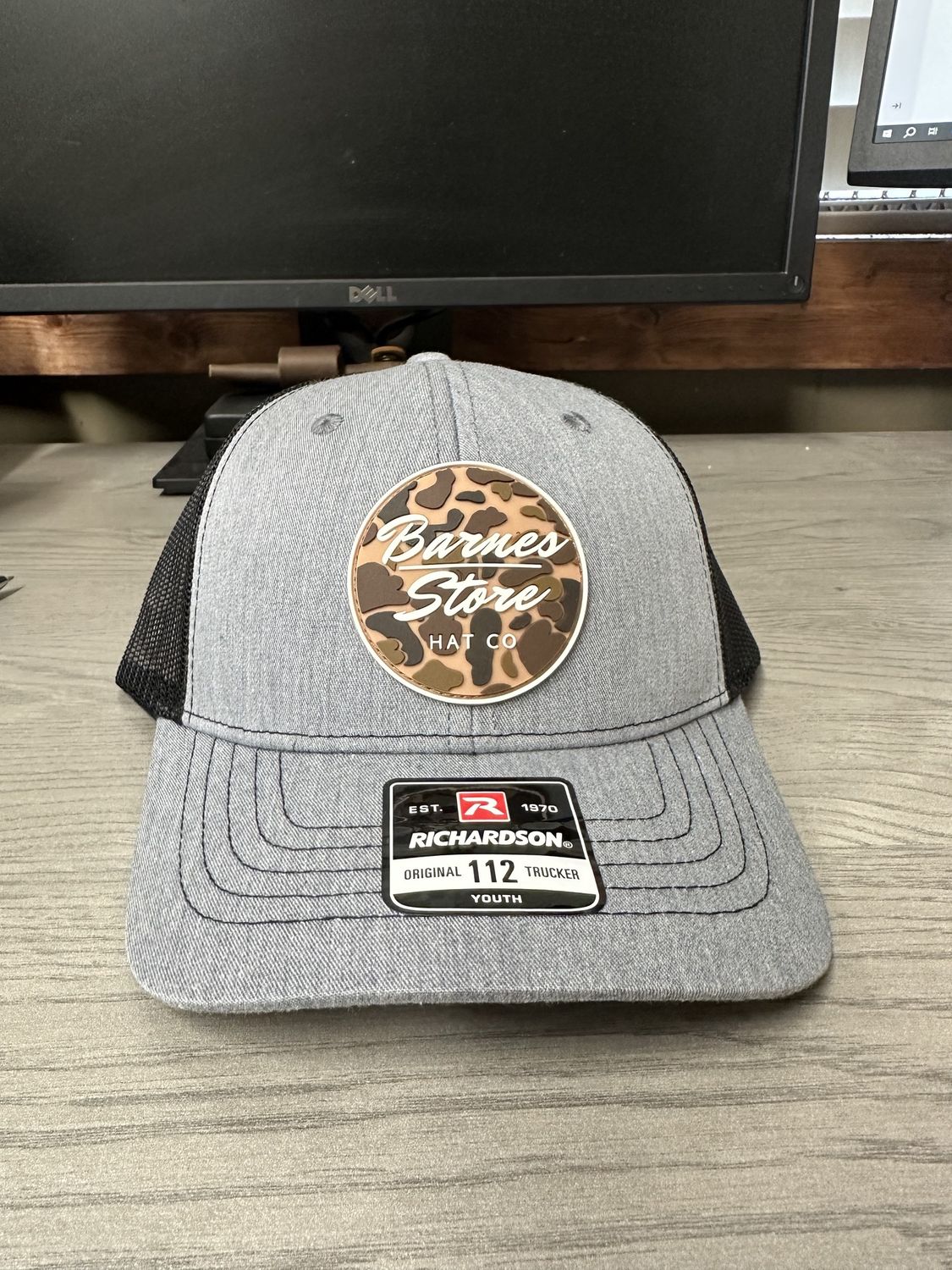 Youth Camo Rubber Patch Trucker Hat - Grey/Black
