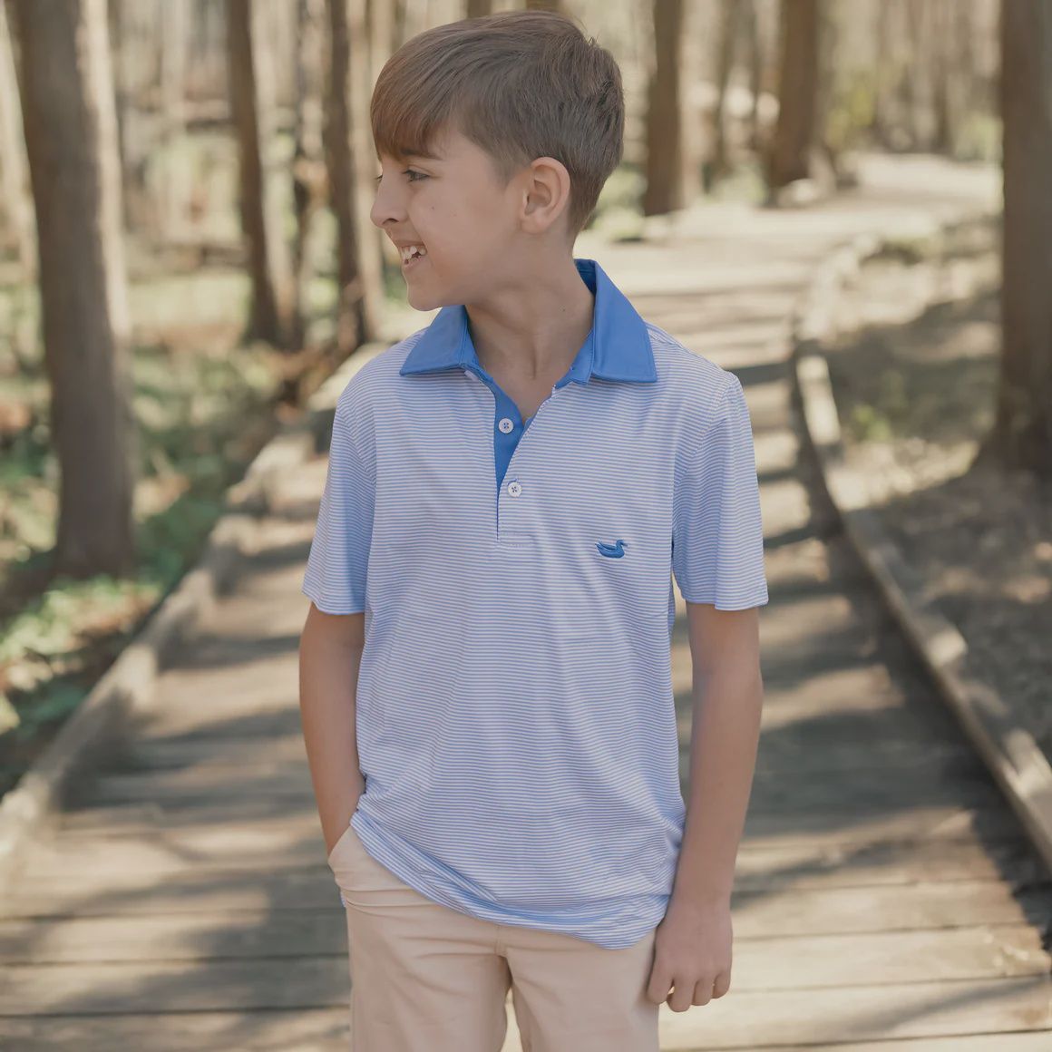 Youth Bermuda Performance Polo - Hampton Stripe, Color: BLWT-Blue/White, Size: XSML