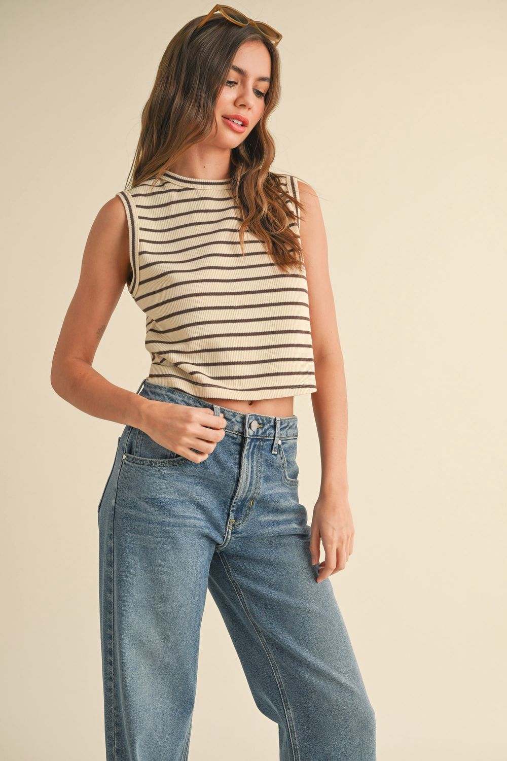 Hooked On You Knitted Sleeveless Top, Color: Beige/ Brown, Size: SML