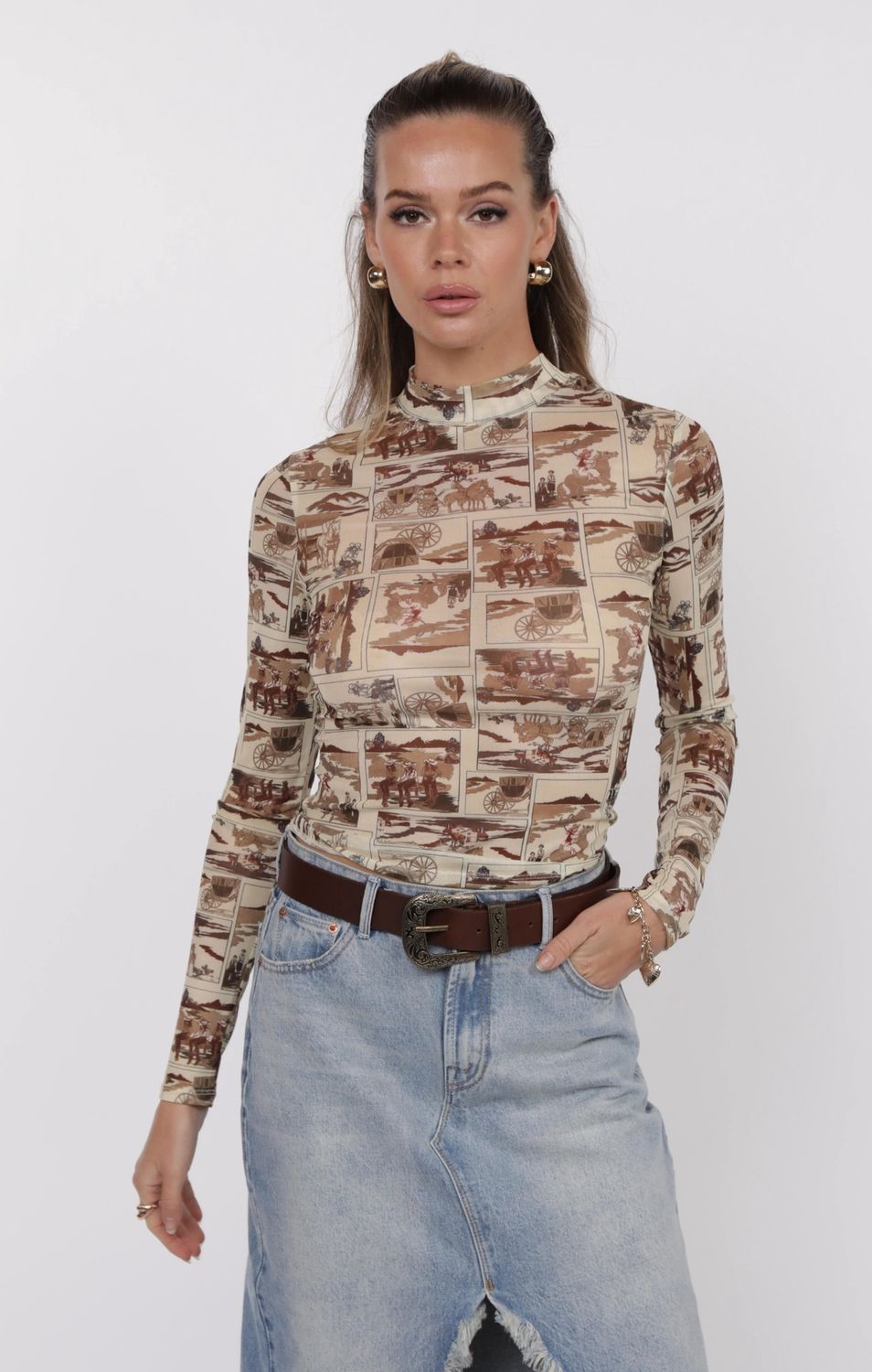 Giddy up Mock Neck Long Sleeve Mesh Top