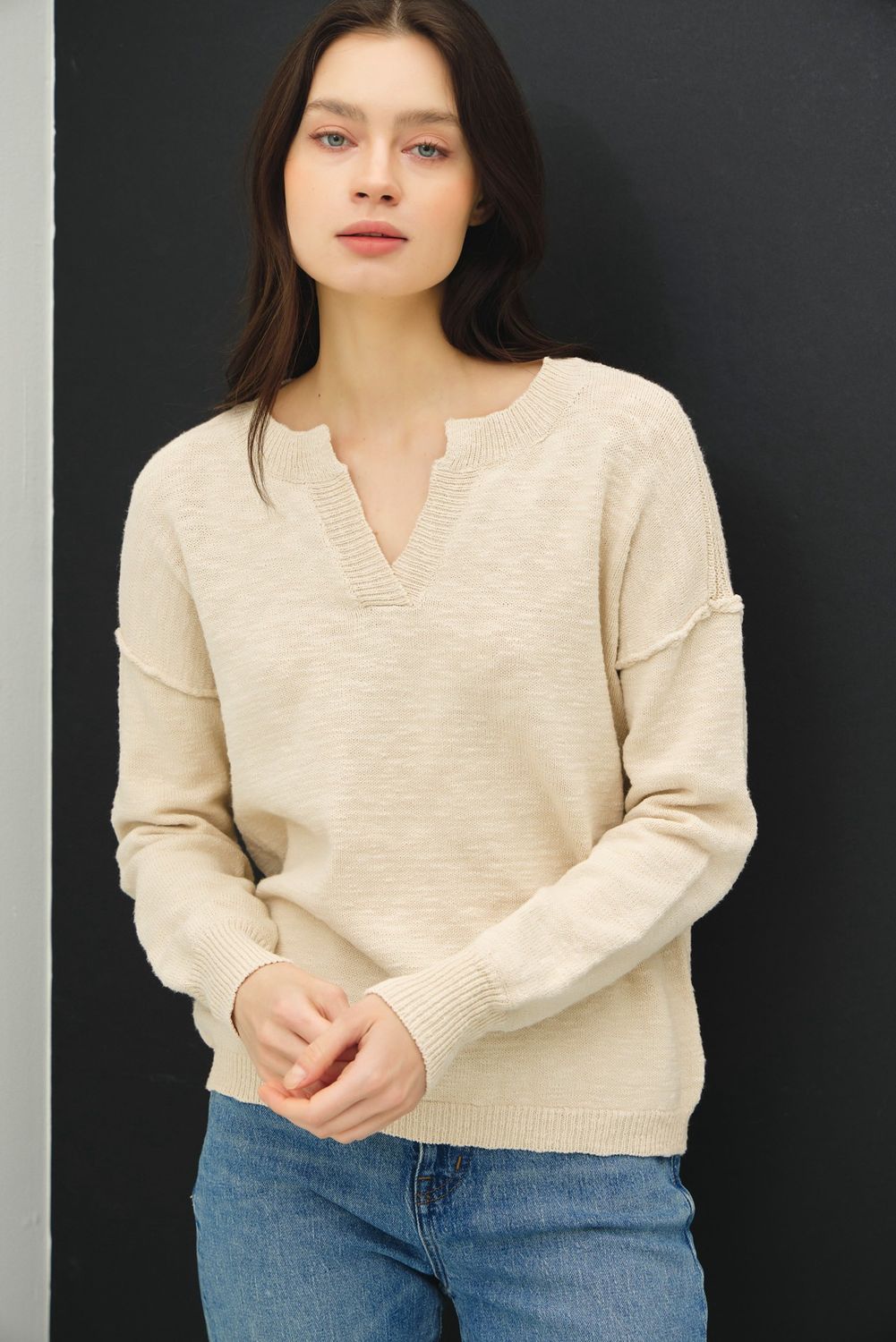 Give Me The Details Lightweight Henley Sweater, Color: Natural, Size: SML/MED