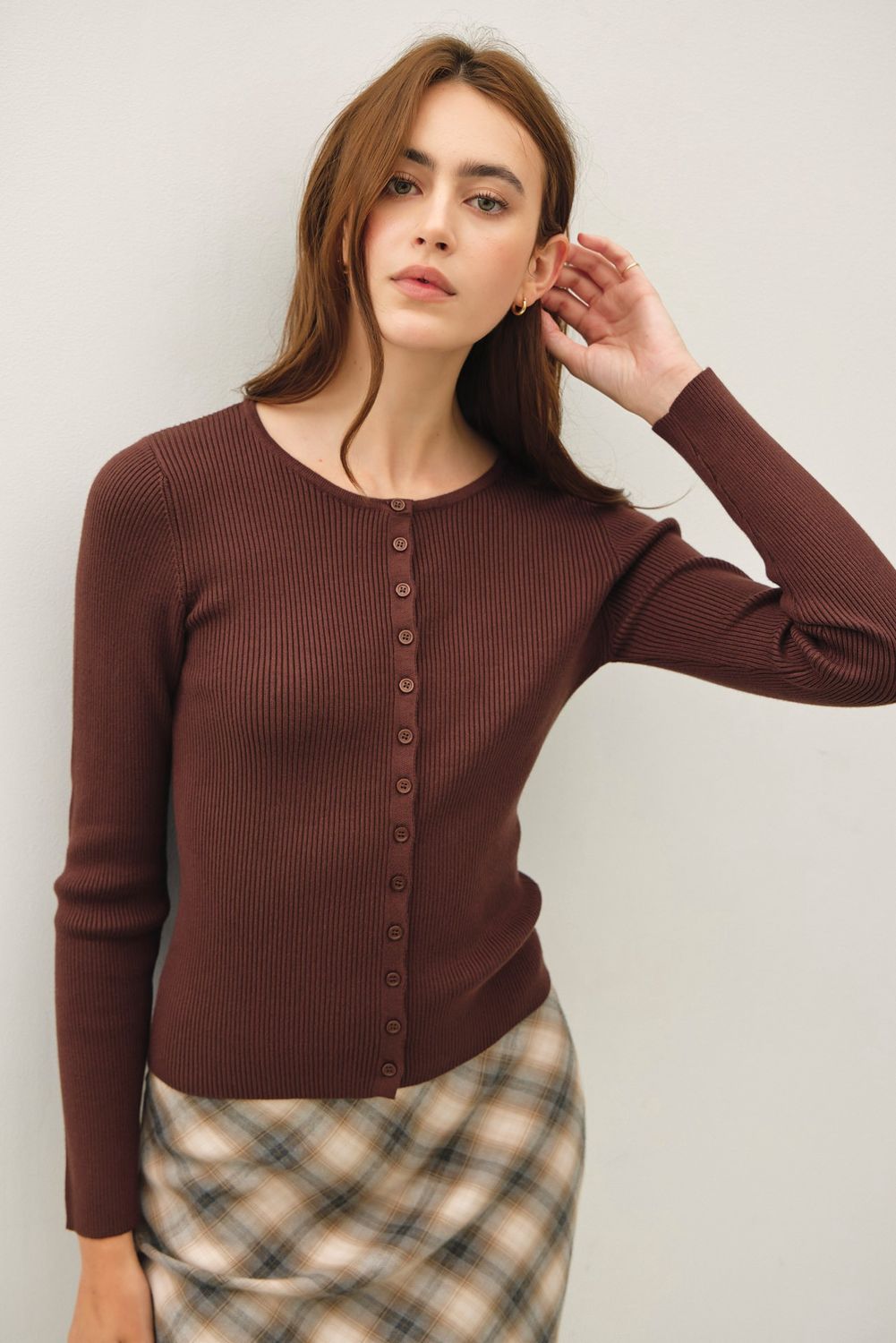 The Emile Ribbed Long Sleeve Button Up Cardigan, Color: Choco, Size: SML