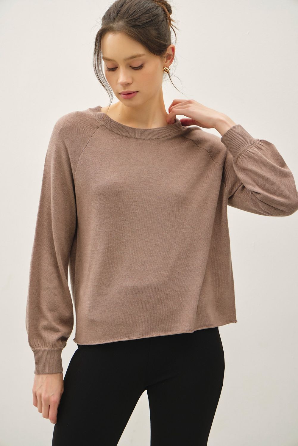 Let You Know Bubble Sleeve Long Sleeve Top, Color: Mocha, Size: SML