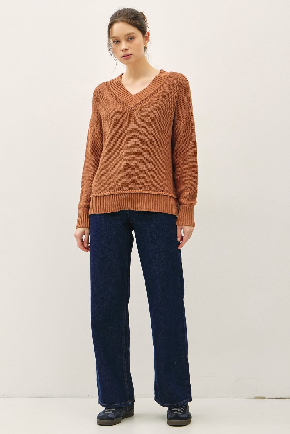 Fit In V-Neck Sweater, Color: Clay, Size: SML