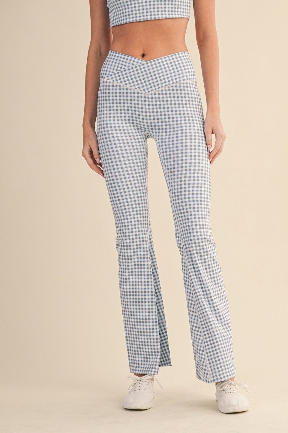Lean In Gingham High-Waist Flare Leggings, Color: Dusty Blue Gingham, Size: SML