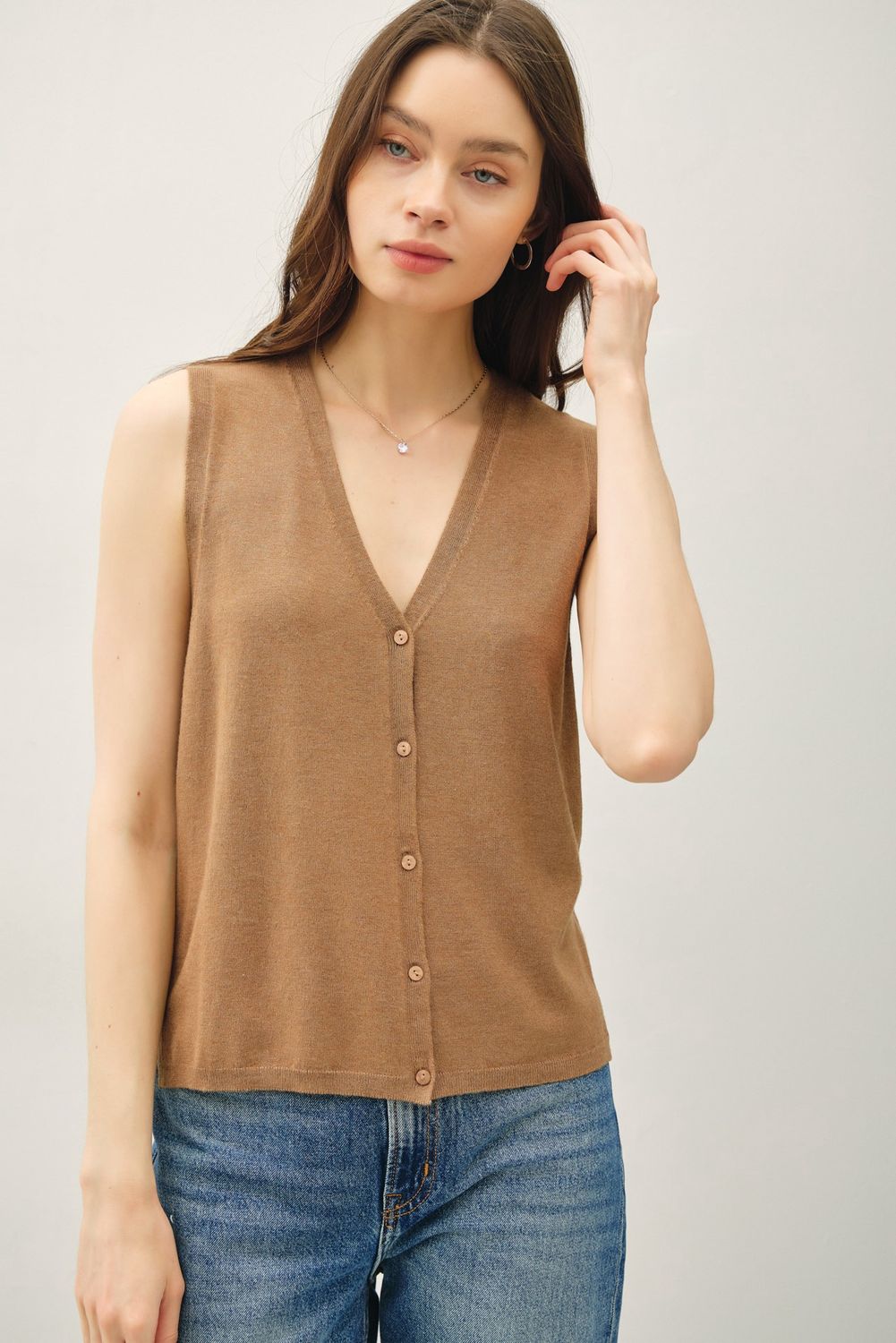 In With The New Sweater Vest W/ Buttons, Color: Camel, Size: SML