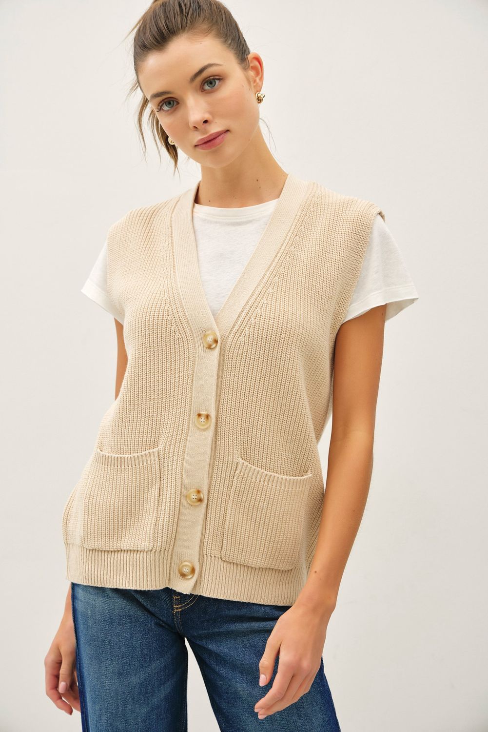 Out With The Old Sweater Vest W/ Buttons, Color: Natural, Size: SML