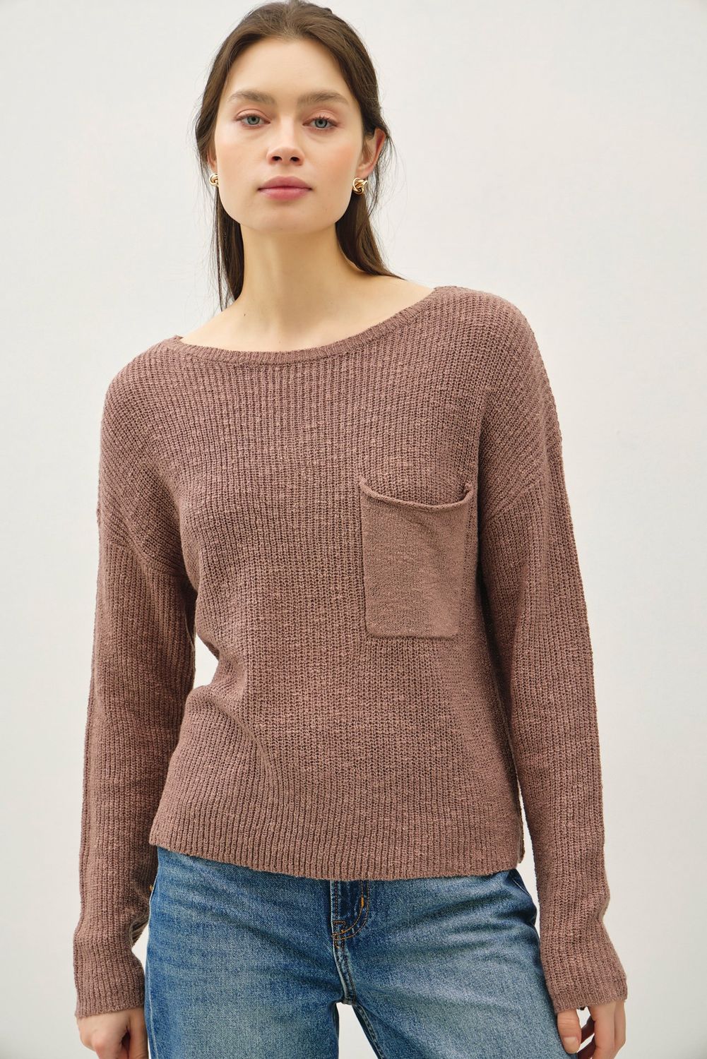 Last Shot Pocket Detail Sweater, Color: Cocoa, Size: SML