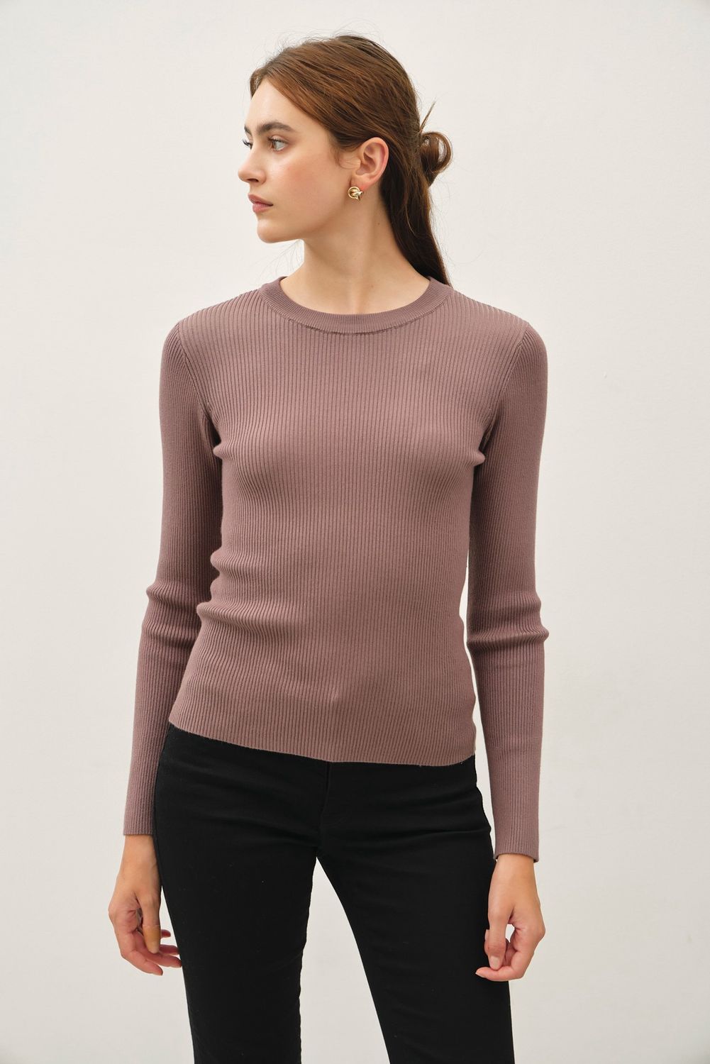 Down South Long Sleeve Ribbed Knit Top, Color: Brown, Size: SML