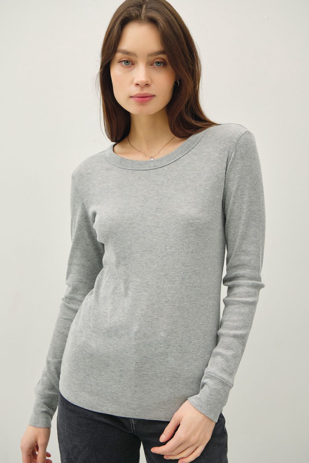 Classic Ribbed Long Sleeve Basic Top, Color: H Grey, Size: SML