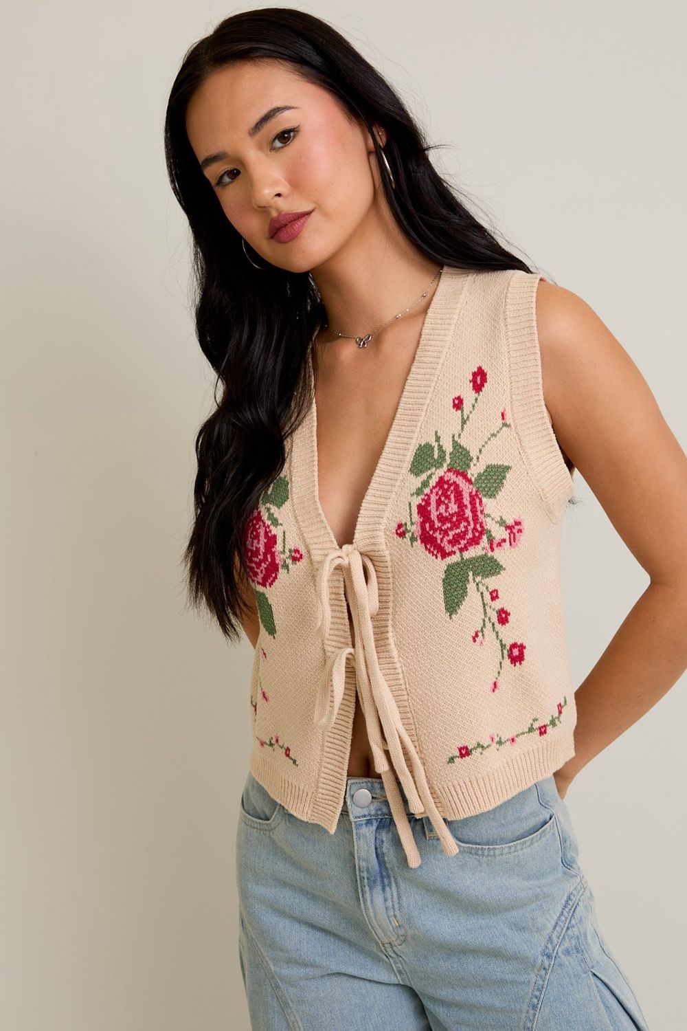 In The Wind Flower Front Tie Vest Cardigan