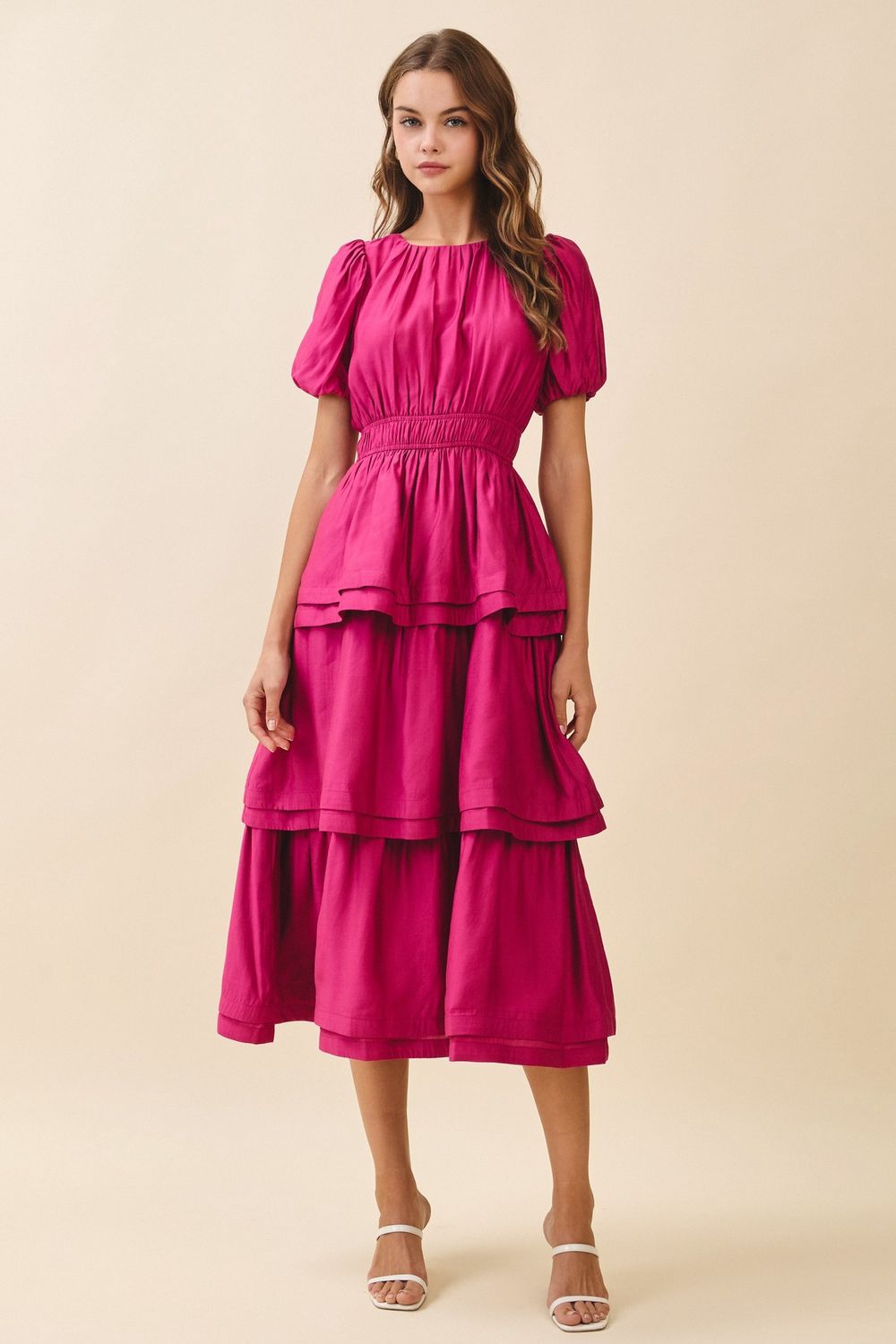 Takes All Night Tiered Midi Dress, Color: Magenta, Size: SML