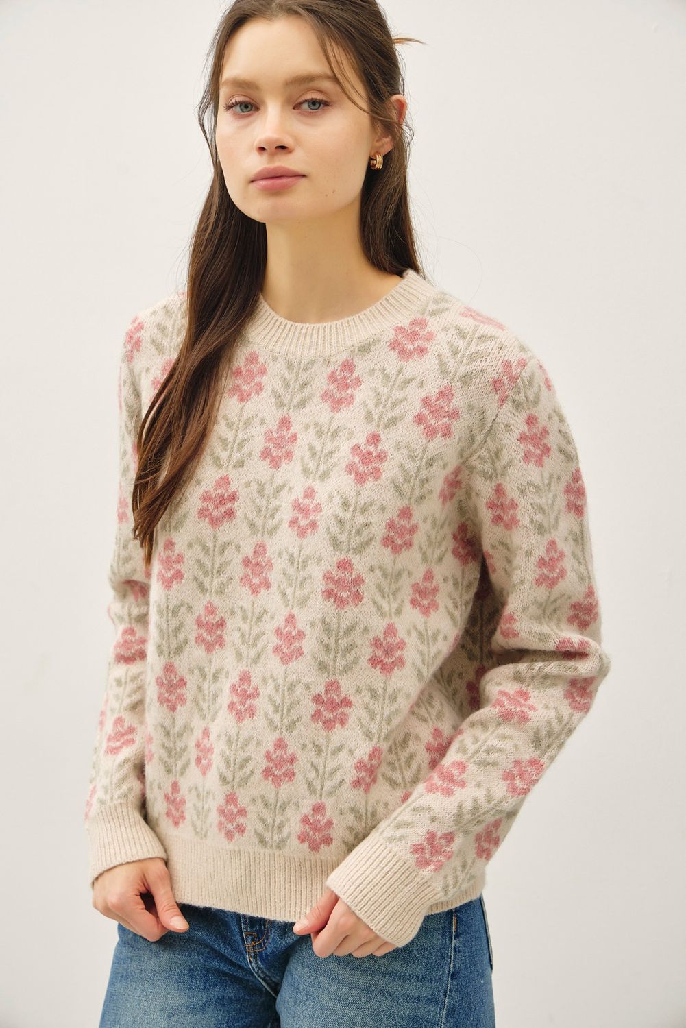 Settle In Floral Sweater, Color: Cream, Size: SML/MED