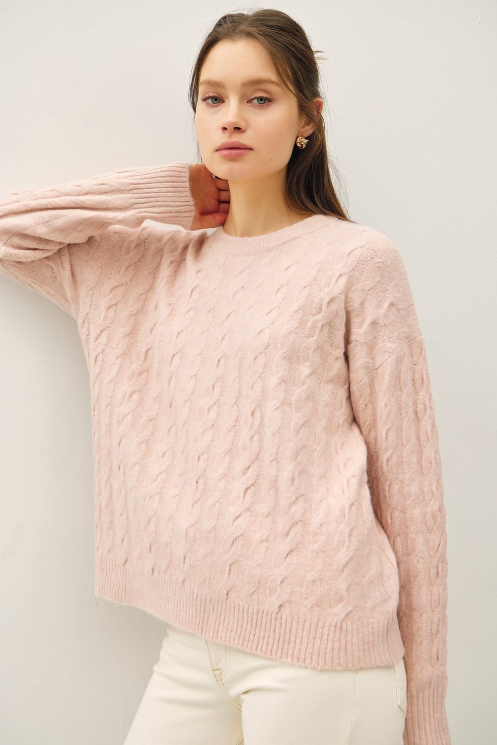 The Cozy Cabin Cable Knit Sweater, Color: Blush, Size: SML