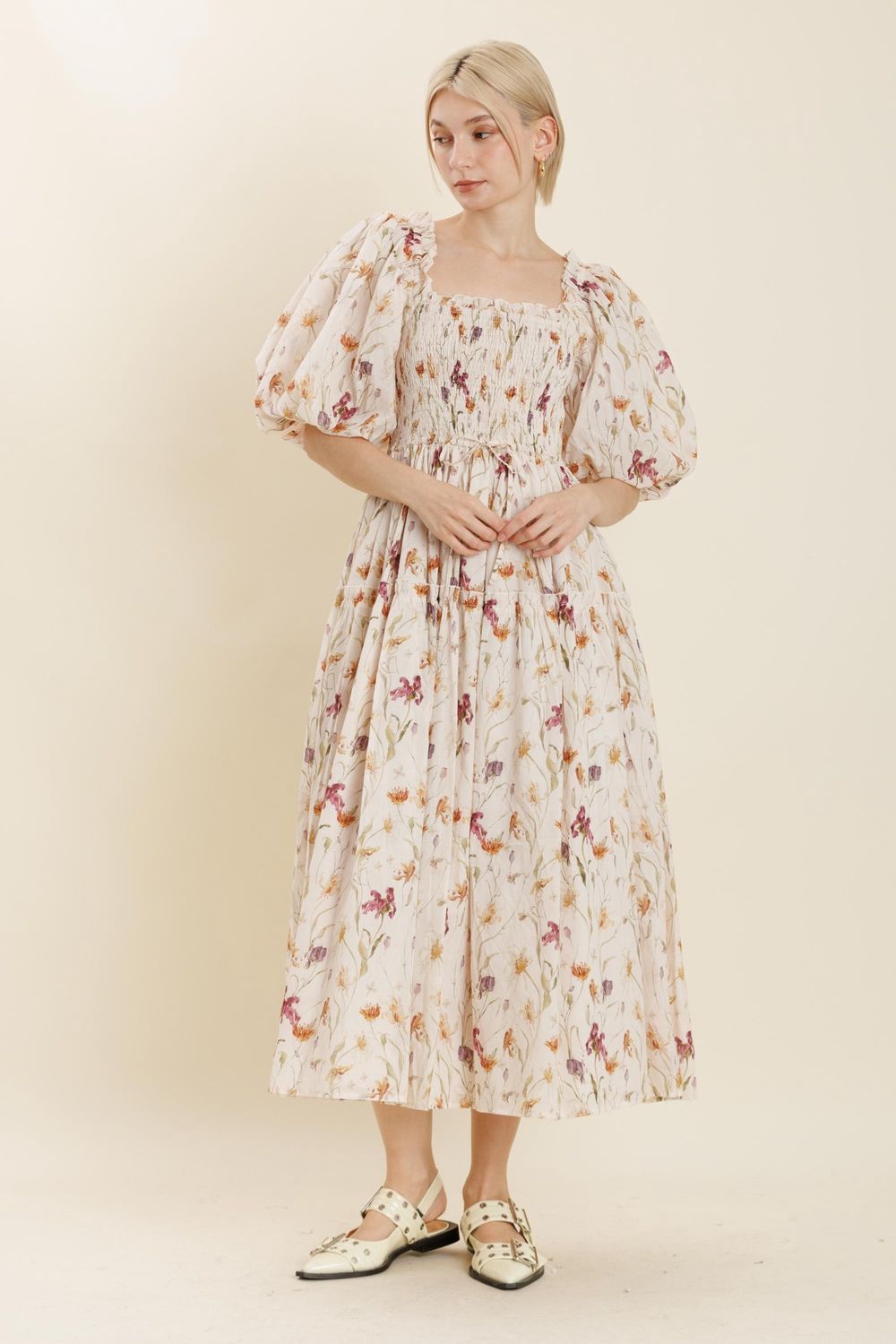 The Veronica Floral Smocked Maxi Dress, Color: Ivory, Size: XSM