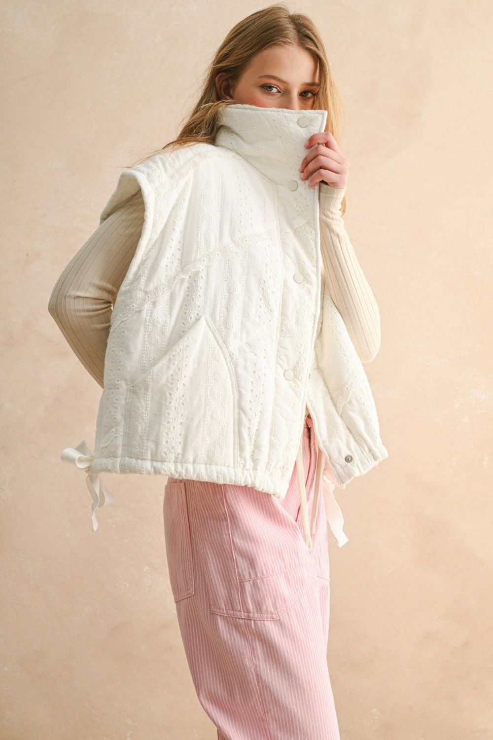 All My Life Lace Quilted Vest, Color: White, Size: SML