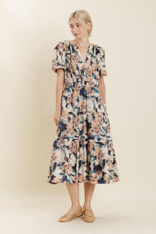 Floral Pintuck Pleat Short Sleeve Midi Dress