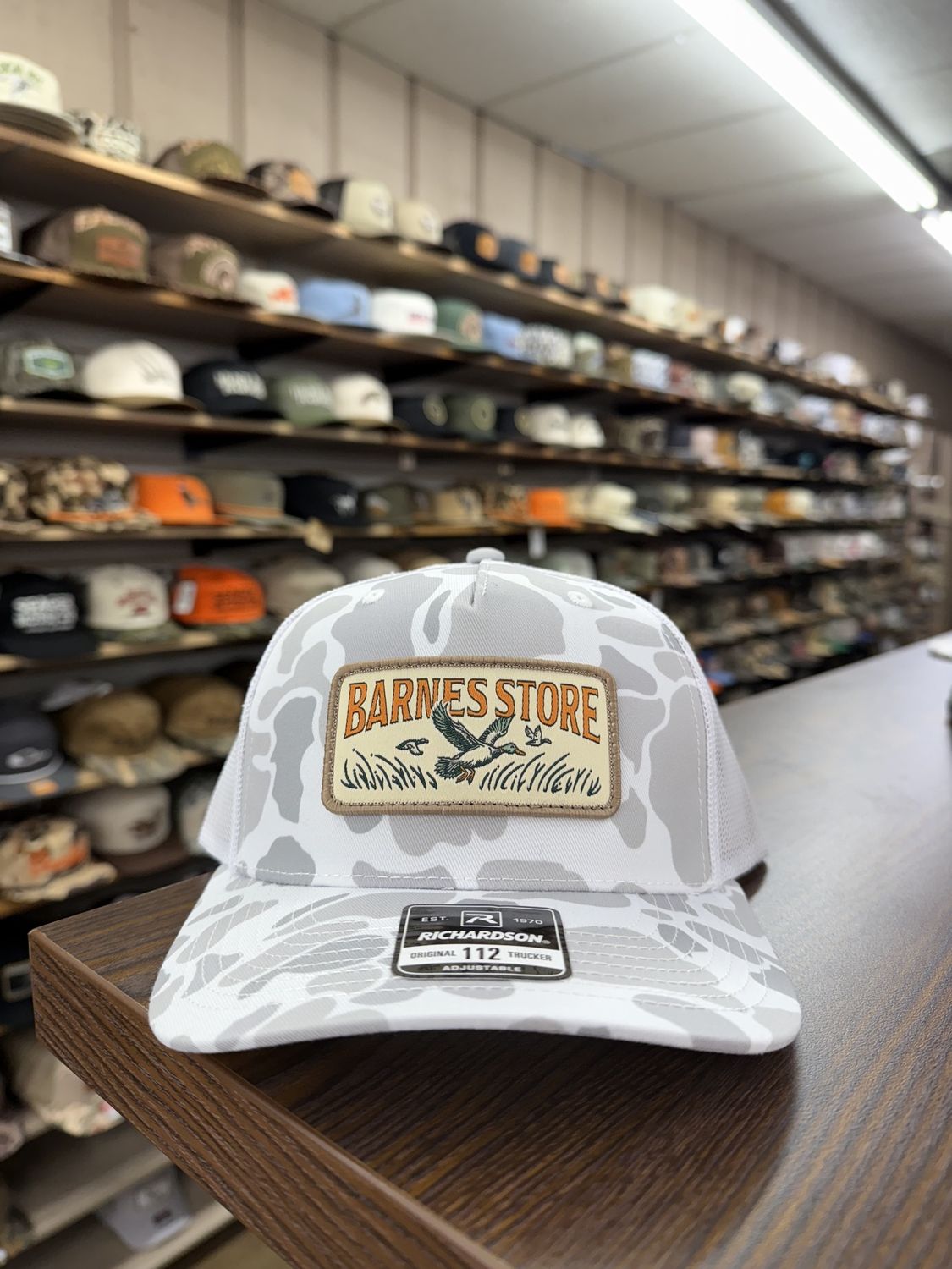 Barnes Woven Patch Trucker Hat - Blizzard Duck Camo
