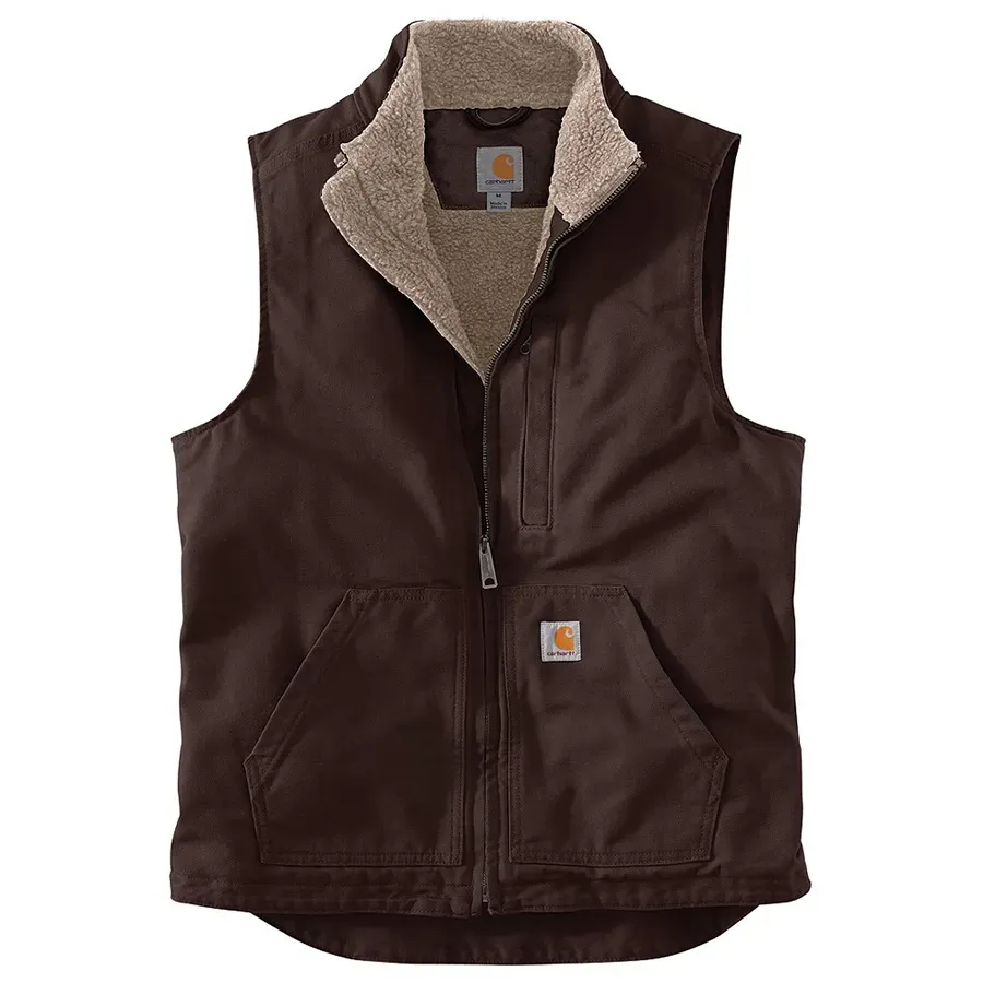 Men's Sherpa Lined Washed Duck Vest, Color: DKB-Dark Brown, Length: REG, Size: 2XL