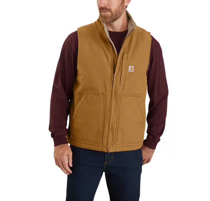 Men's Sherpa Lined Washed Duck Mock Neck Vest, Color: BRN-Carhartt Brown, Length: REG, Size: 2XL