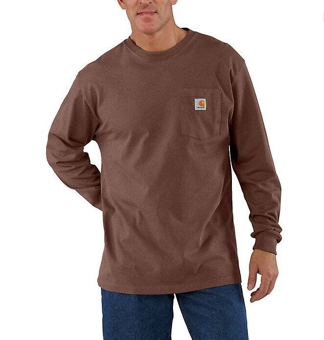 Men's Long Sleeve Workwear Crewneck T-Shirt, Color: B86-Mocha Heather, Length: REG, Size: 2XL