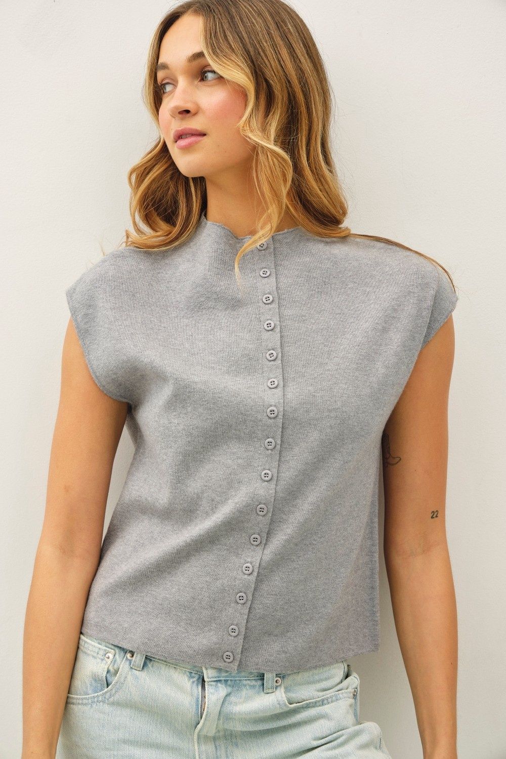Down To Earth Short Sleeve Button Top, Color: Heather Grey, Size: SML