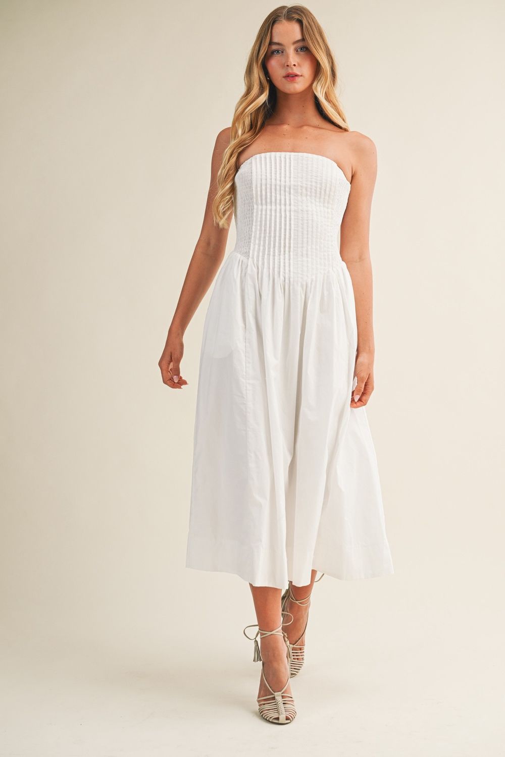 Pintuck And Smoked Strapless Midi Dress
