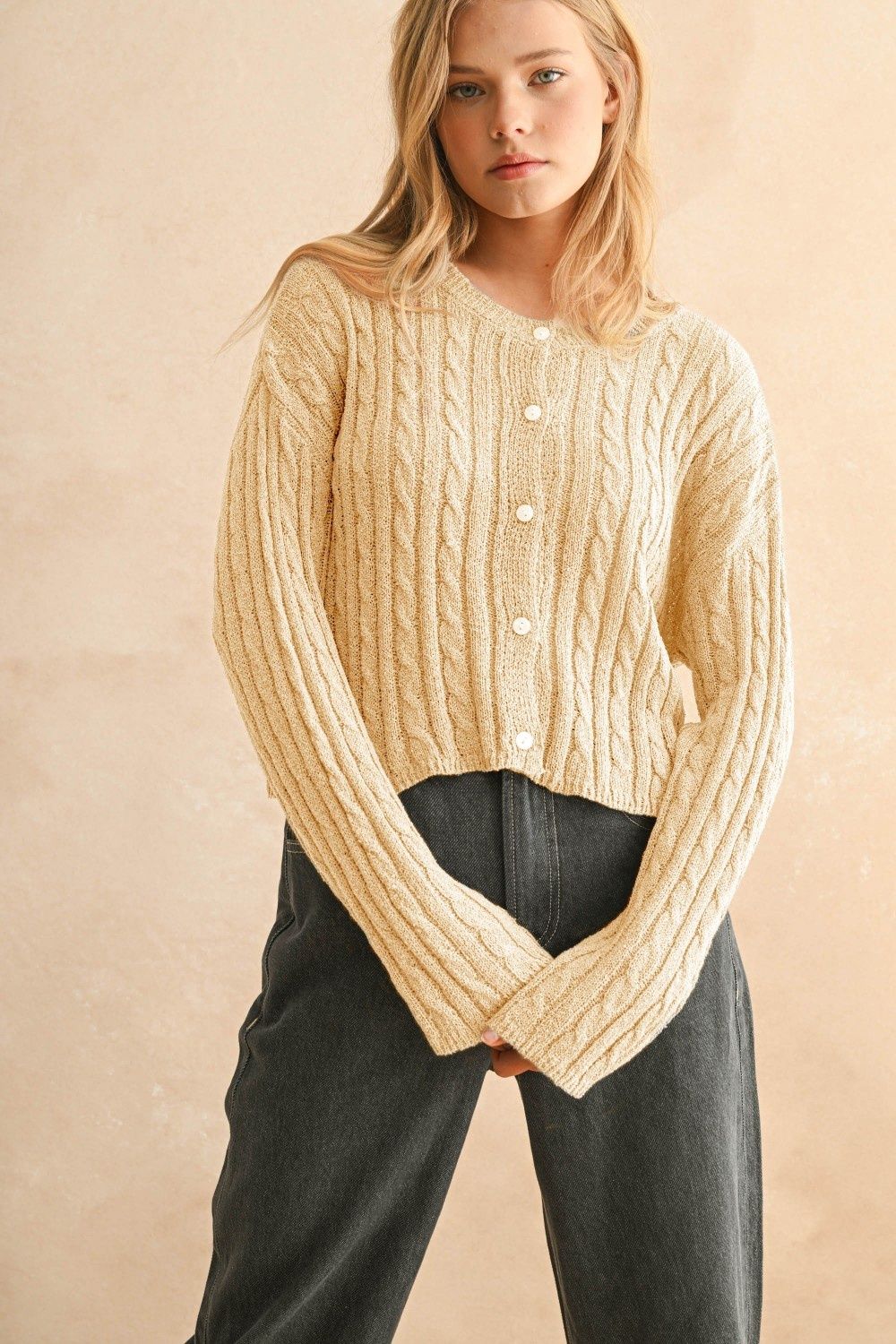 The Light Weight Cable Knit Cardigan, Color: Beige, Size: SML