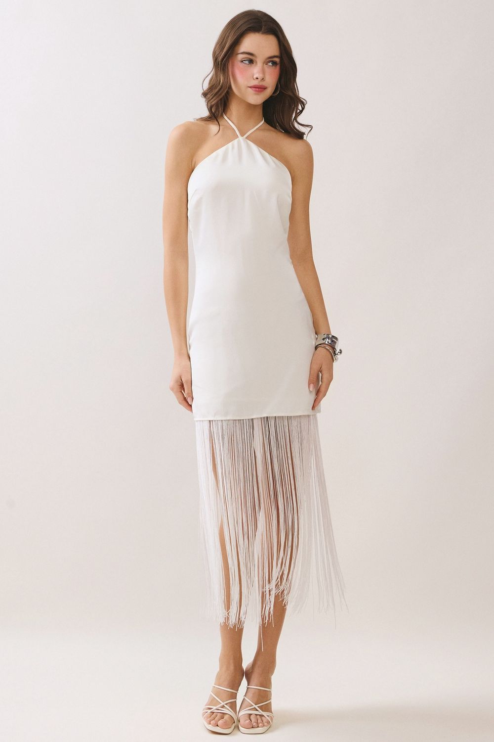 So Lovely Halter Fringe Detail Mini Dress - Cream