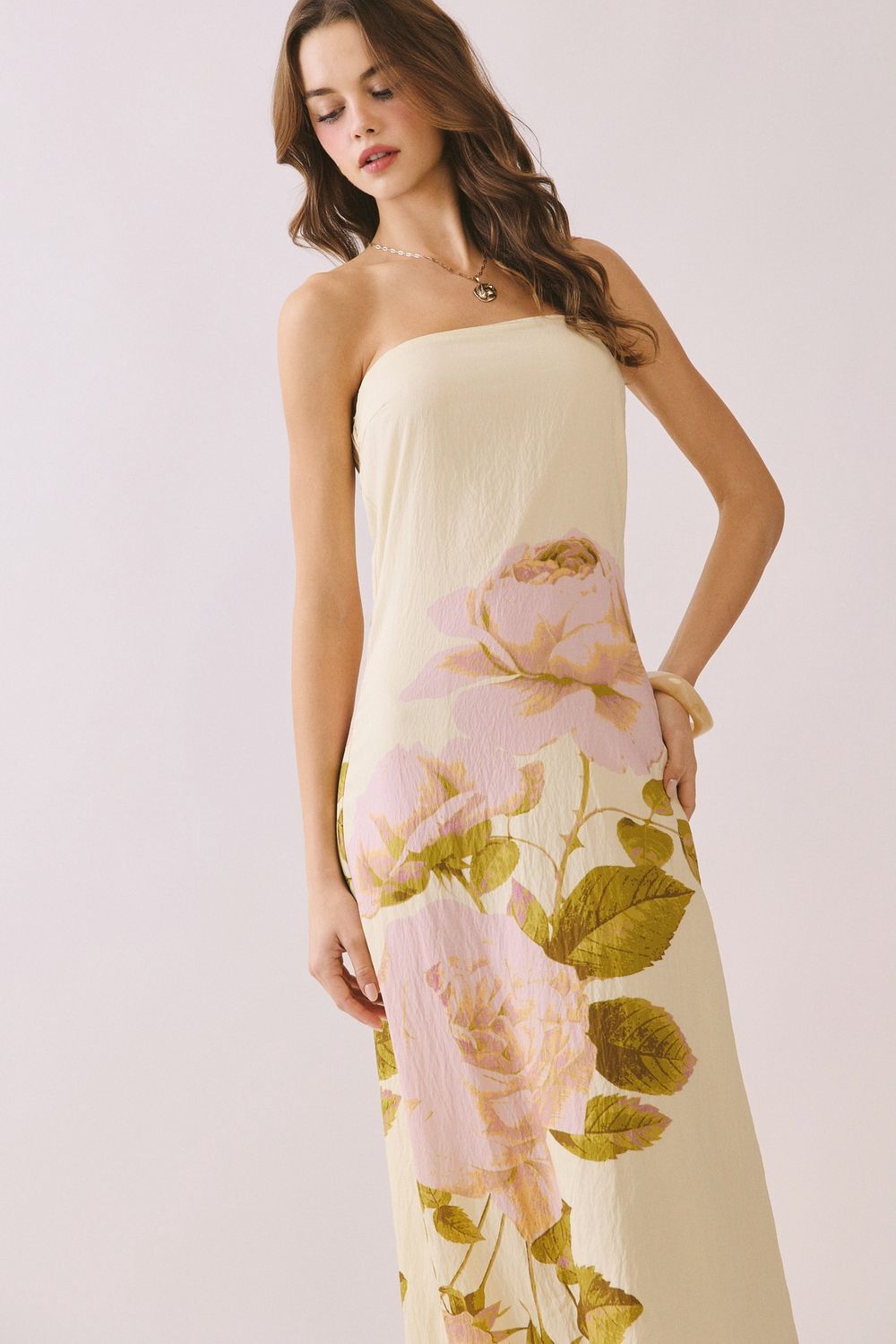 New Beginnings Strapless Floral Midi Dress - Butter Yellow