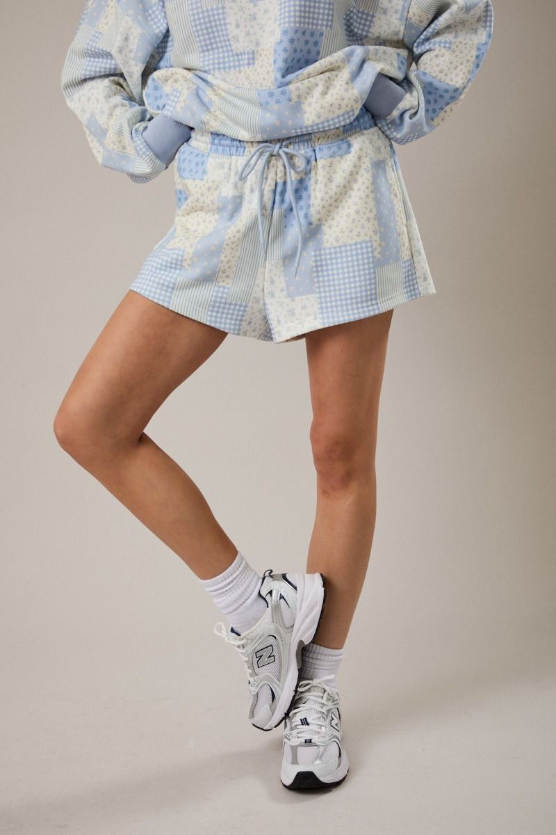 Patch Work Printed Cotton Shorts - Light Blue /  Multi