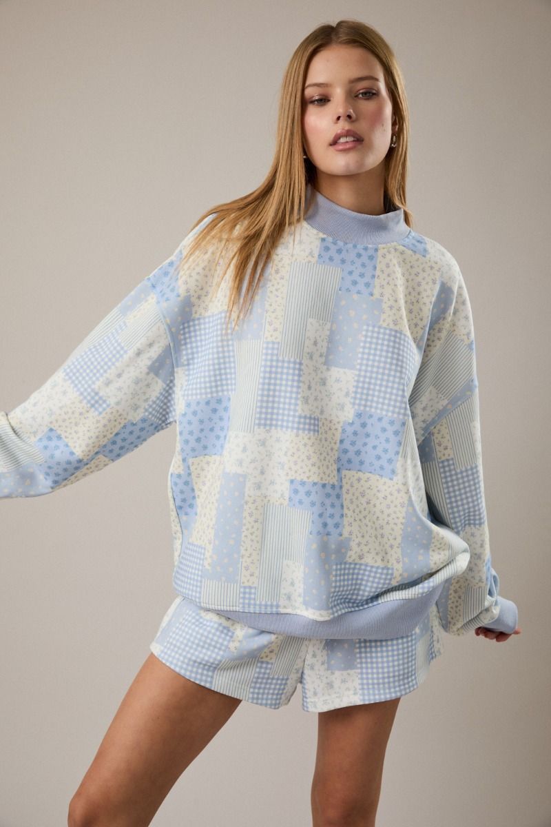 Patch Work Long Sleeve Mock Neck Sweatshirt - Light Blue /  Multi
