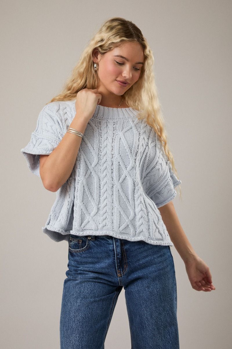 Keep It Short Sleeve Knit Sweater - Light Blue
