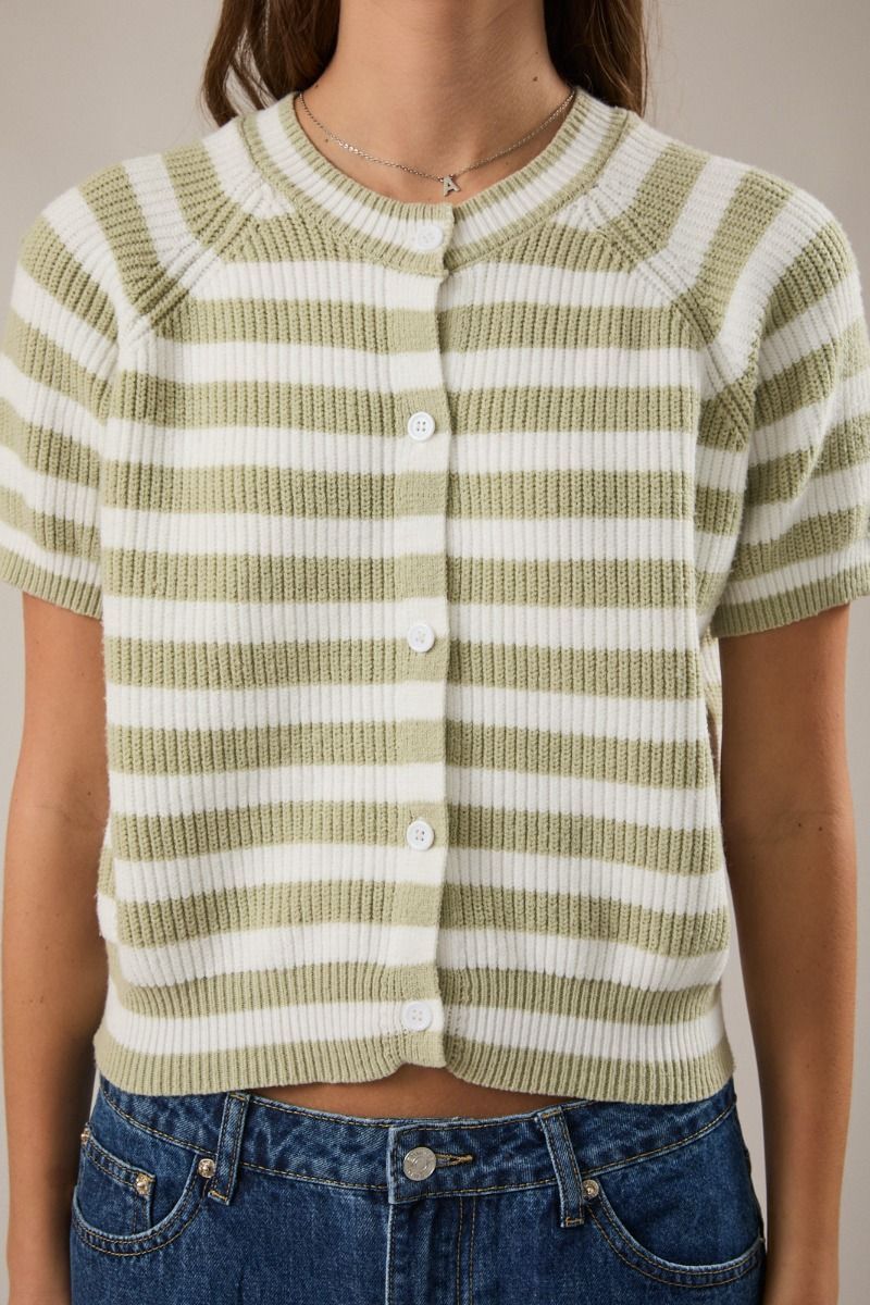 Raglan Short Sleeve Boxy Sweater - Sage /  White Stripe