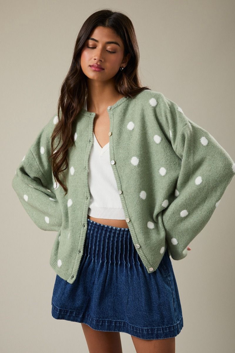 Sweet Polka Dot Sweater Cardigan - Ivory /  Sage Dot