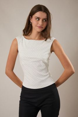 Boat Neck Knit Polka Dot Top - White / Black Dot
